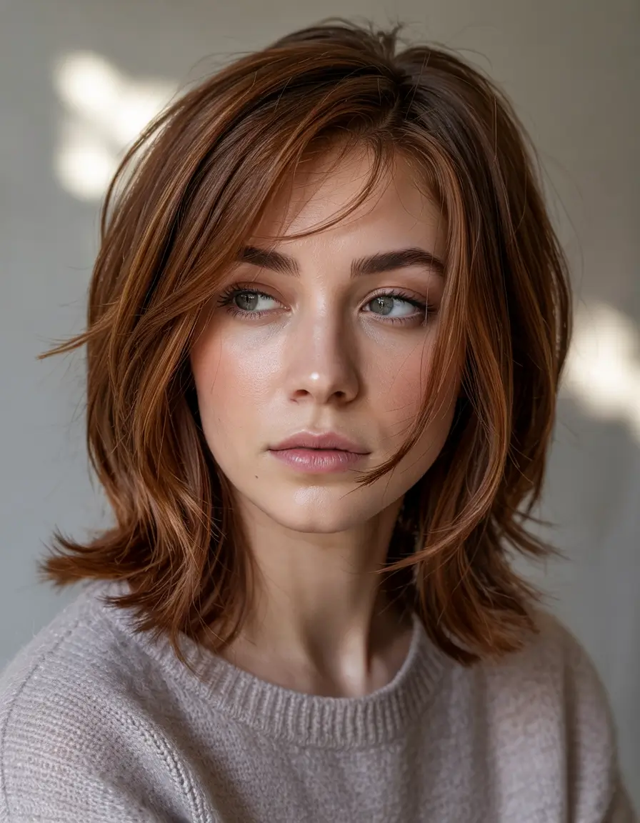 cute hairstyles Layered Copper Bob with Airy Bangs