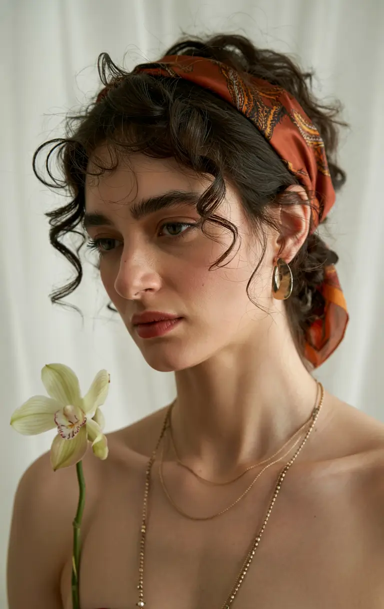 cute hairstyles Curly Hair with Vintage Scarf Detail