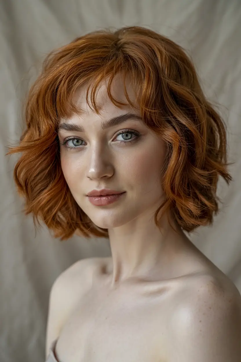 cute hairstyles Copper Curl Bob with Air Bangs