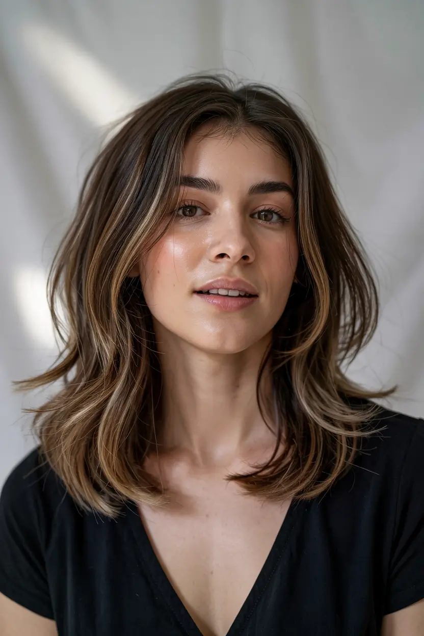 haircuts inspo medium hair Bronzed Highlights on Shoulder Layers