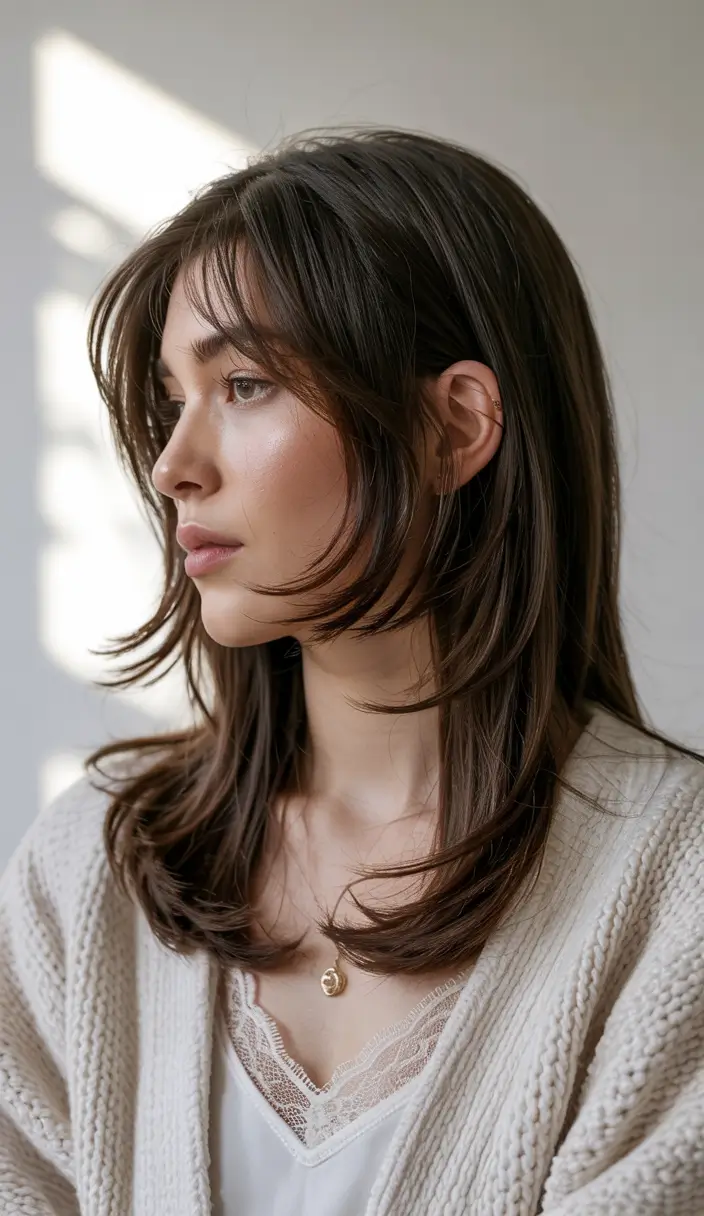 haircuts inspo for wavy hair Feathered Brunette with Casual Elegance