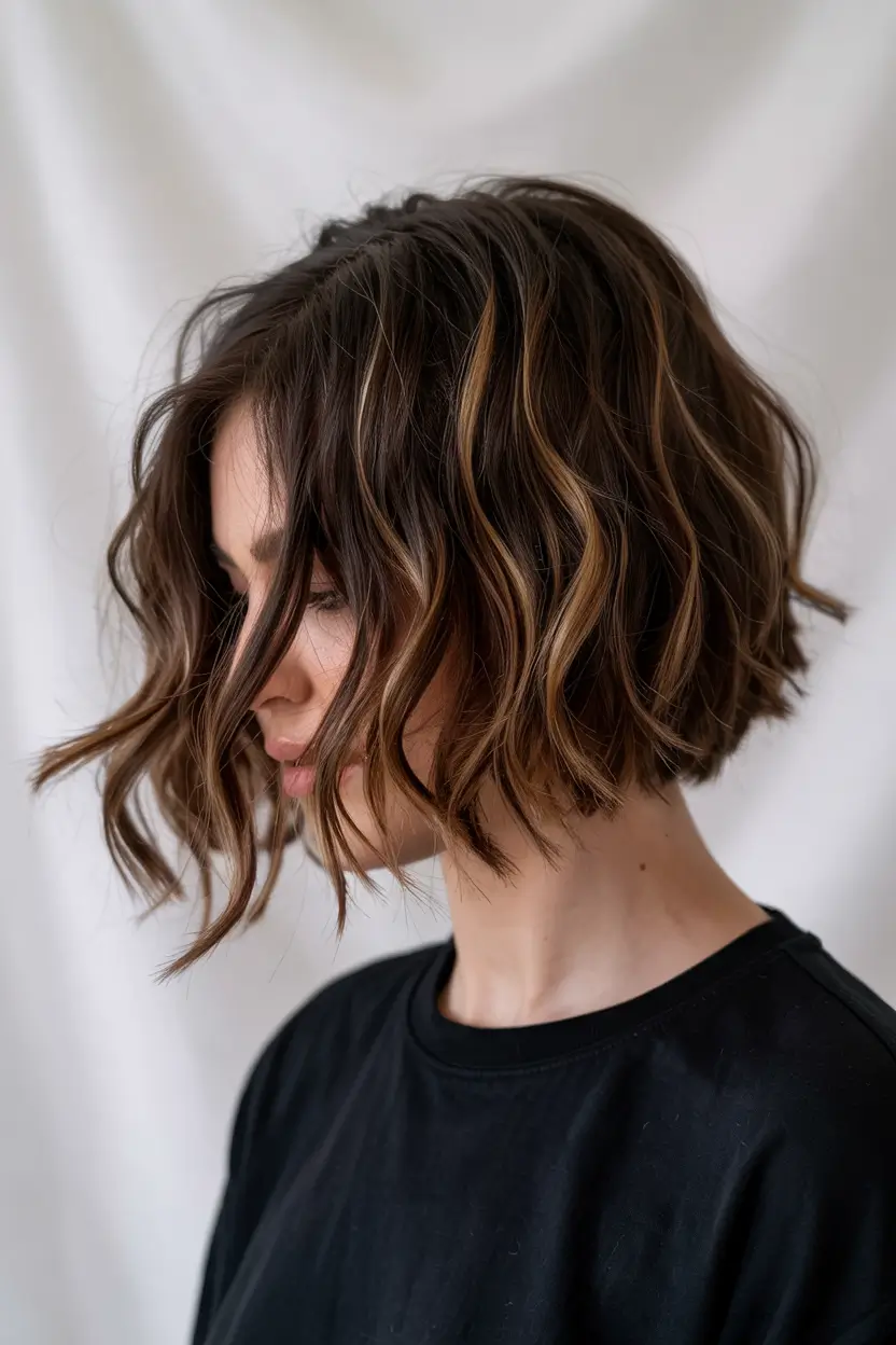 haircuts inspo short Wavy Bob with Subtle Caramel Strands
