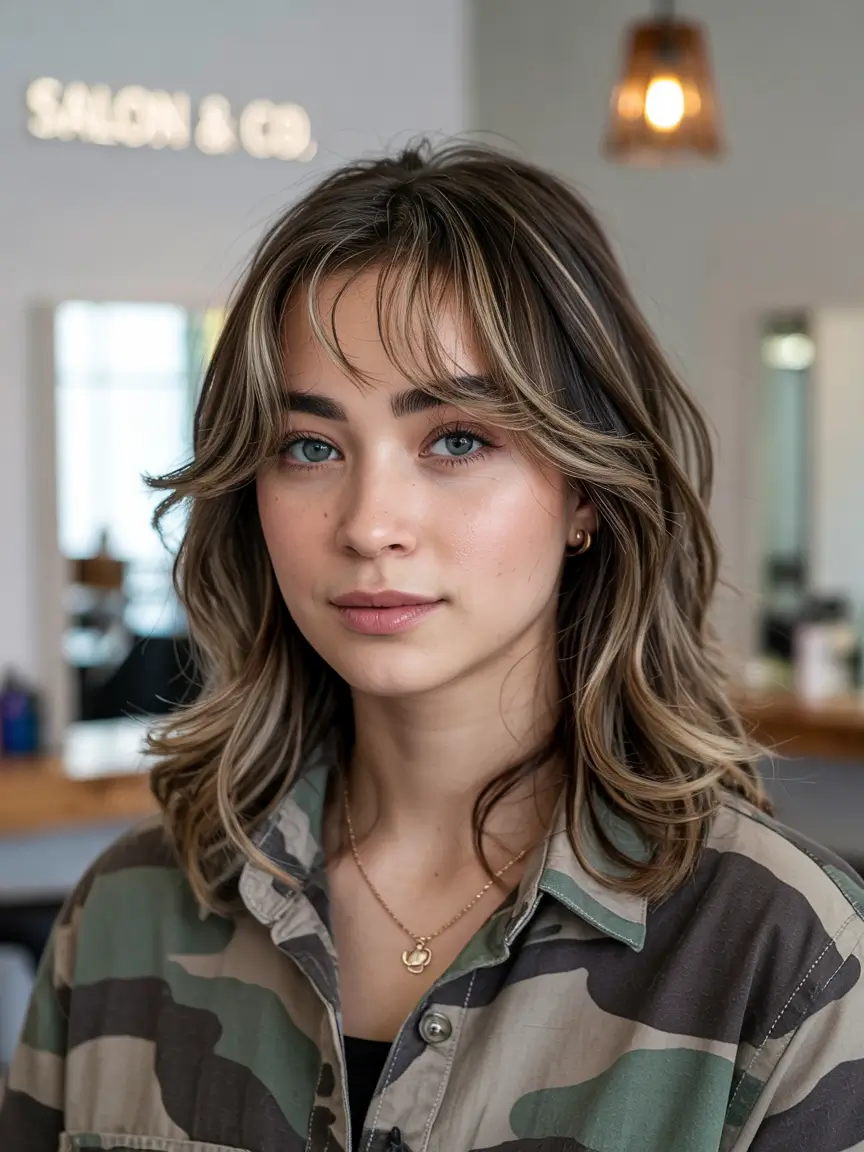 haircuts inspo medium hair Textured Medium Cut with Curtain Bangs