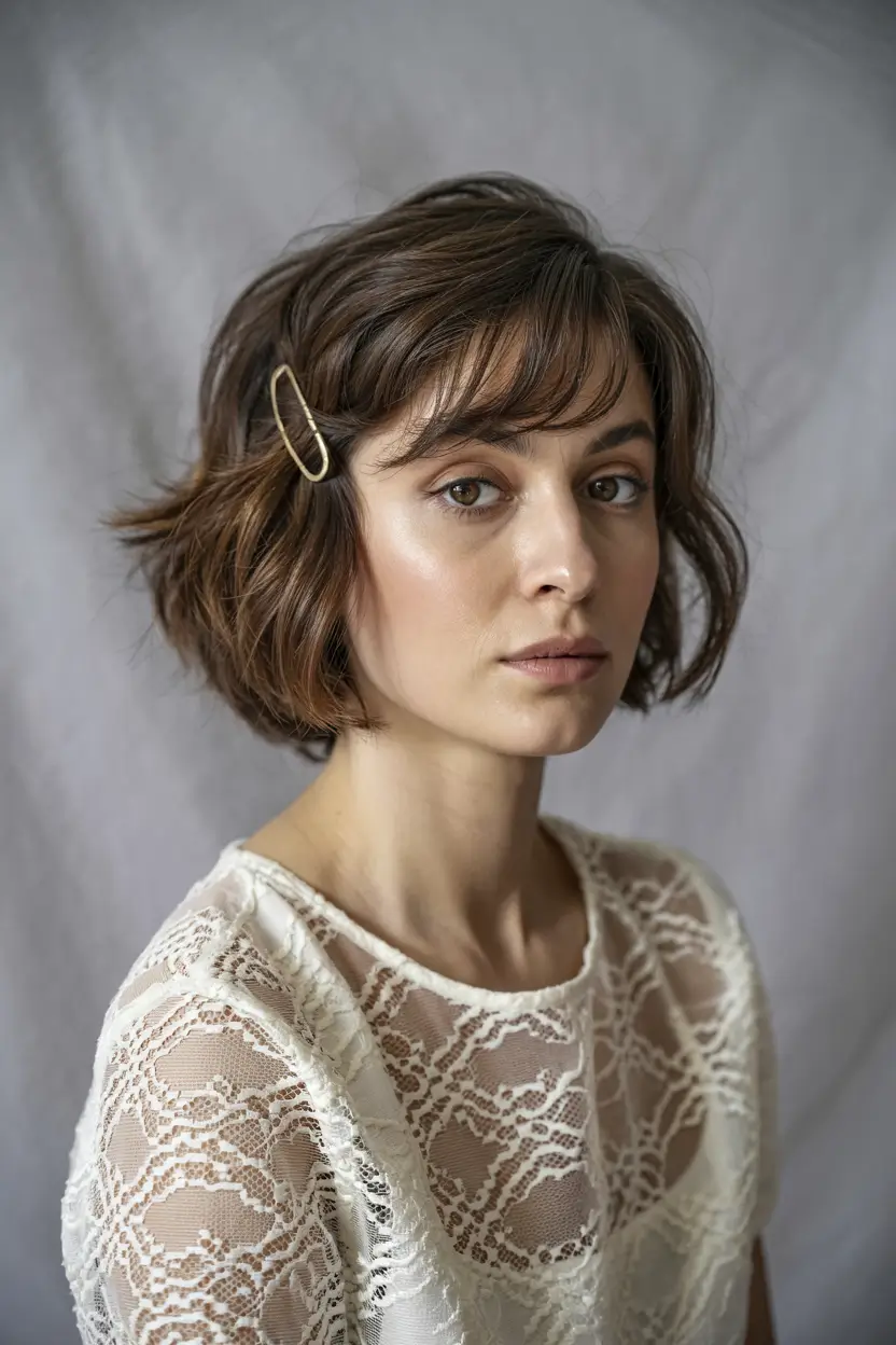 haircuts inspo for wavy hair Romantic Bob with Delicate Bangs