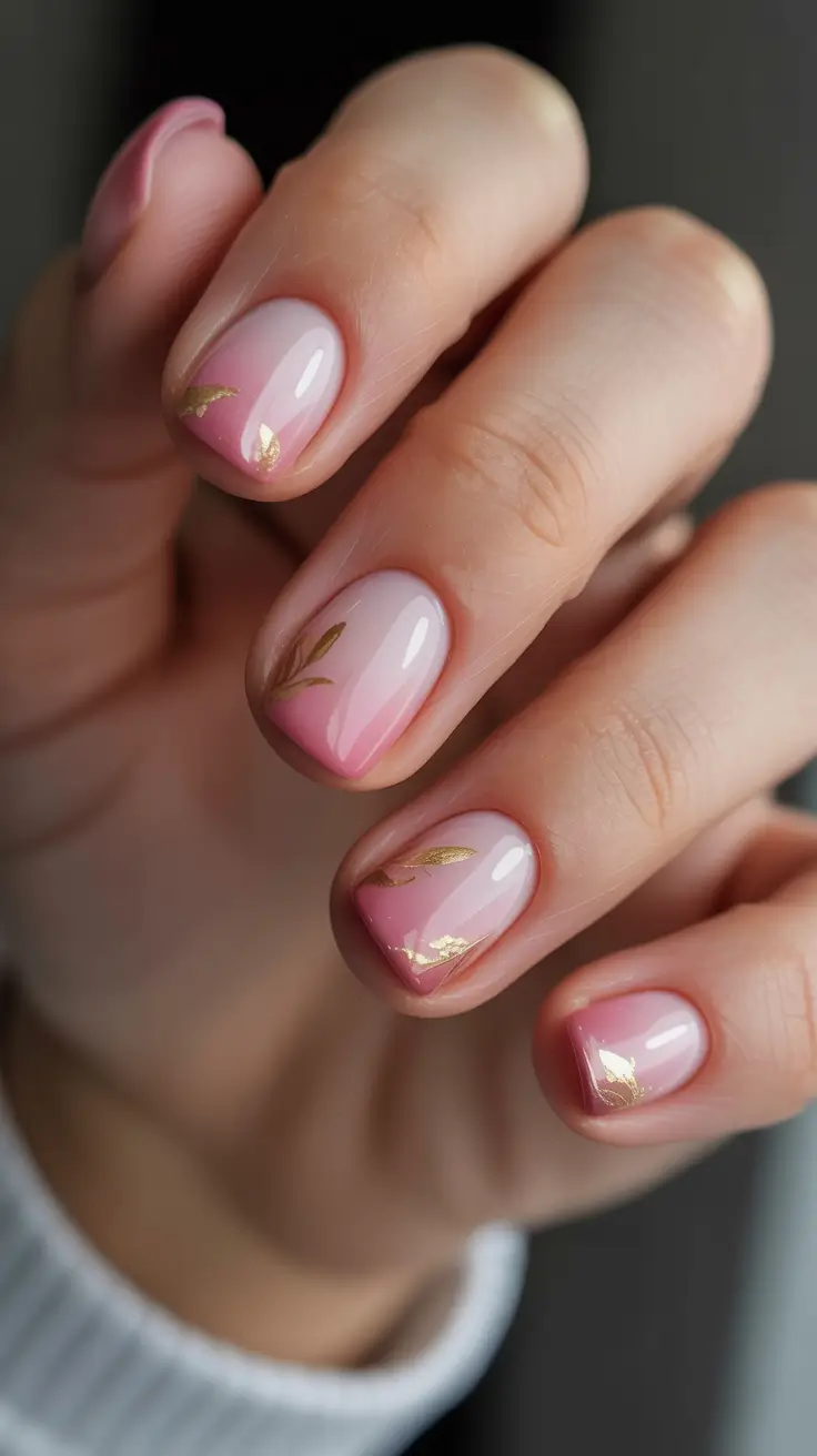 nail colors winter 2026 Pink Winter Bloom with Gold Leaf Accents