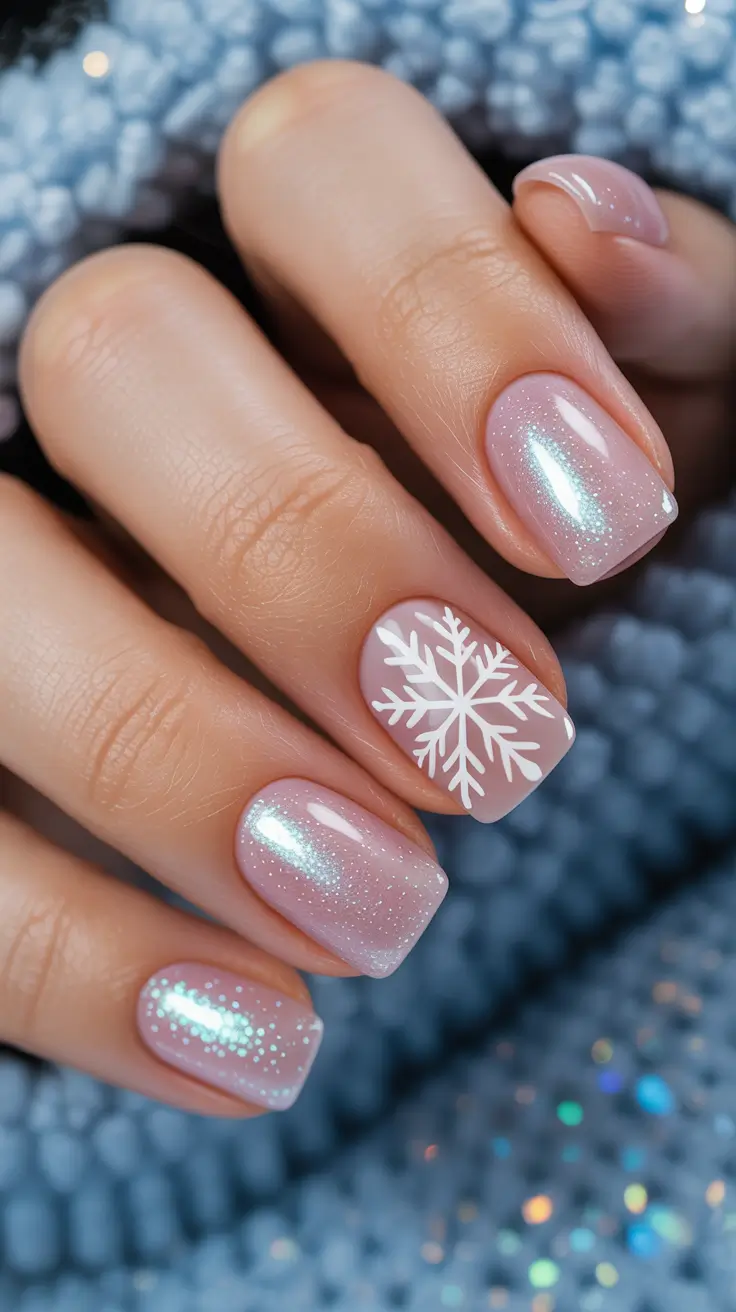 nail colors winter 2026 Iced Petal Glow with Winter Snowflake