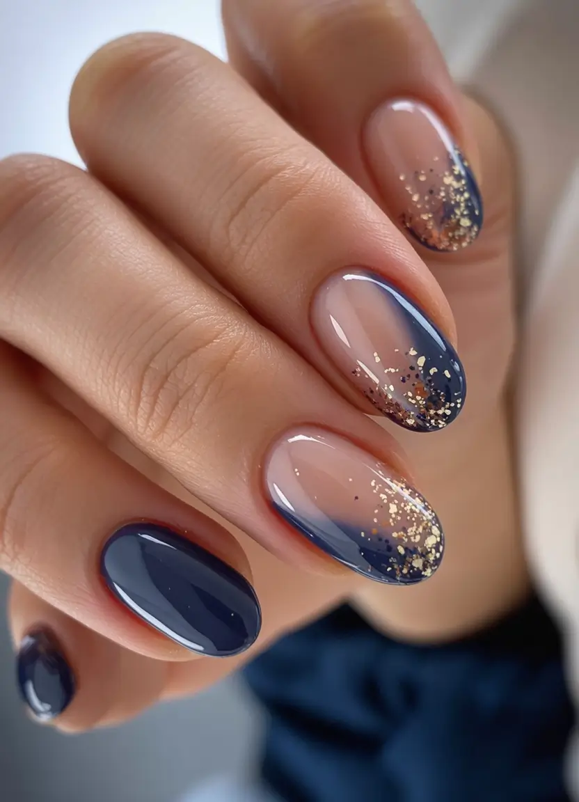 nail colors winter 2026 Midnight Frost Fade with Gold Accents
