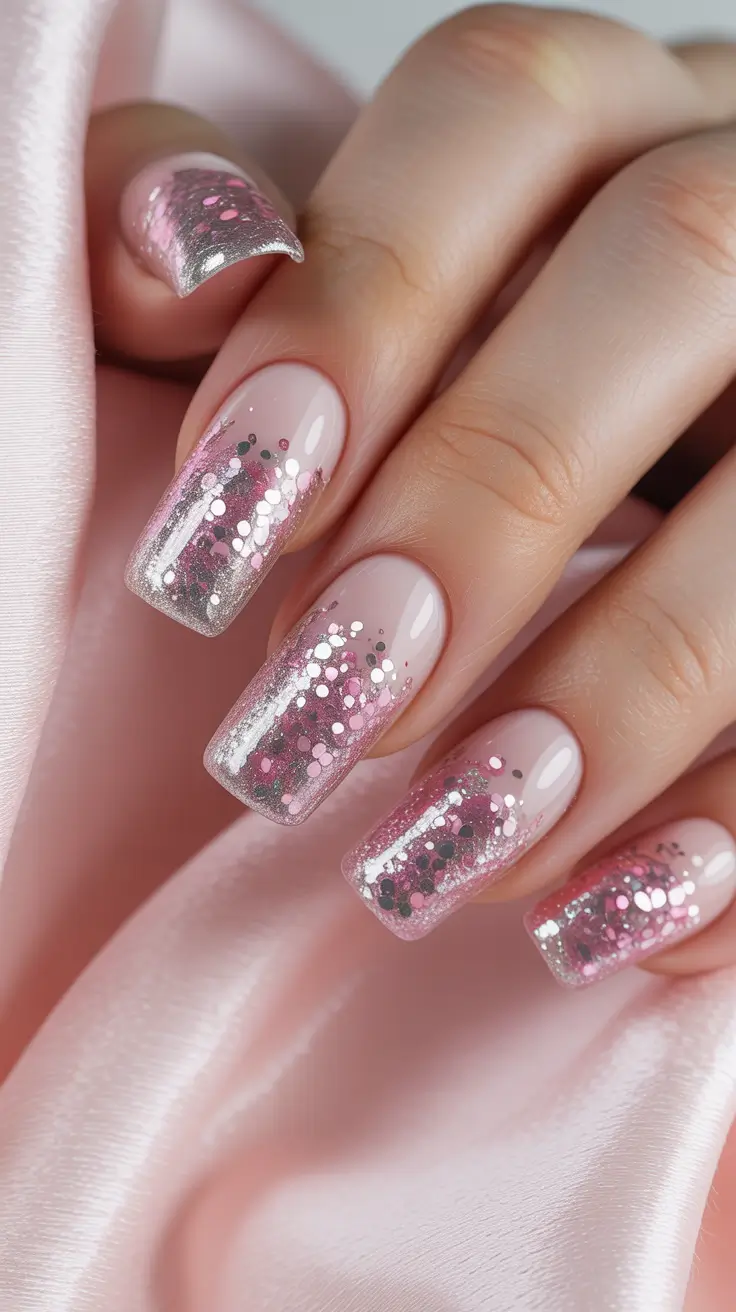nail colors winter 2026 Pink Confetti Silver Dip Sparkle