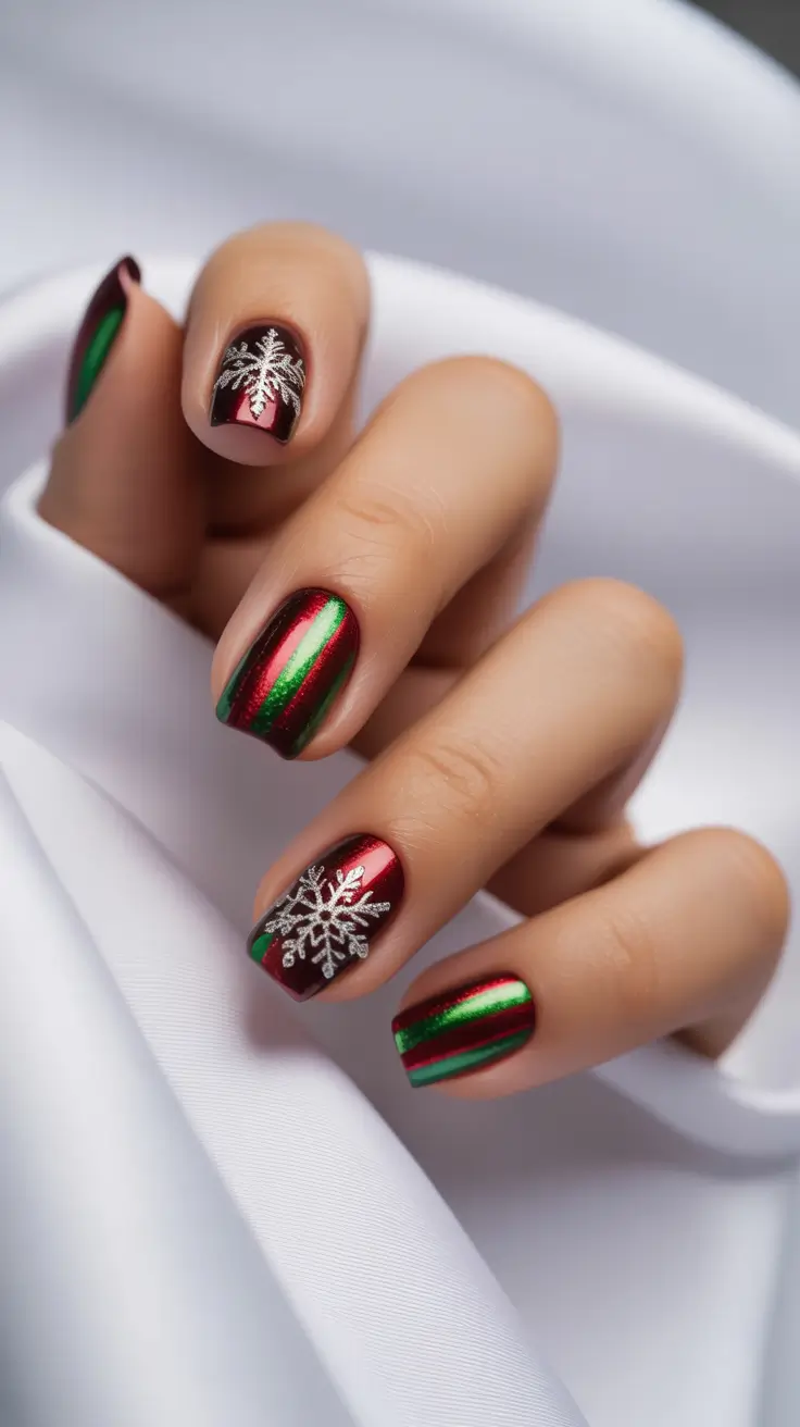 nail colors winter 2026 Holiday Ribbon Glow in Red and Green Chrome