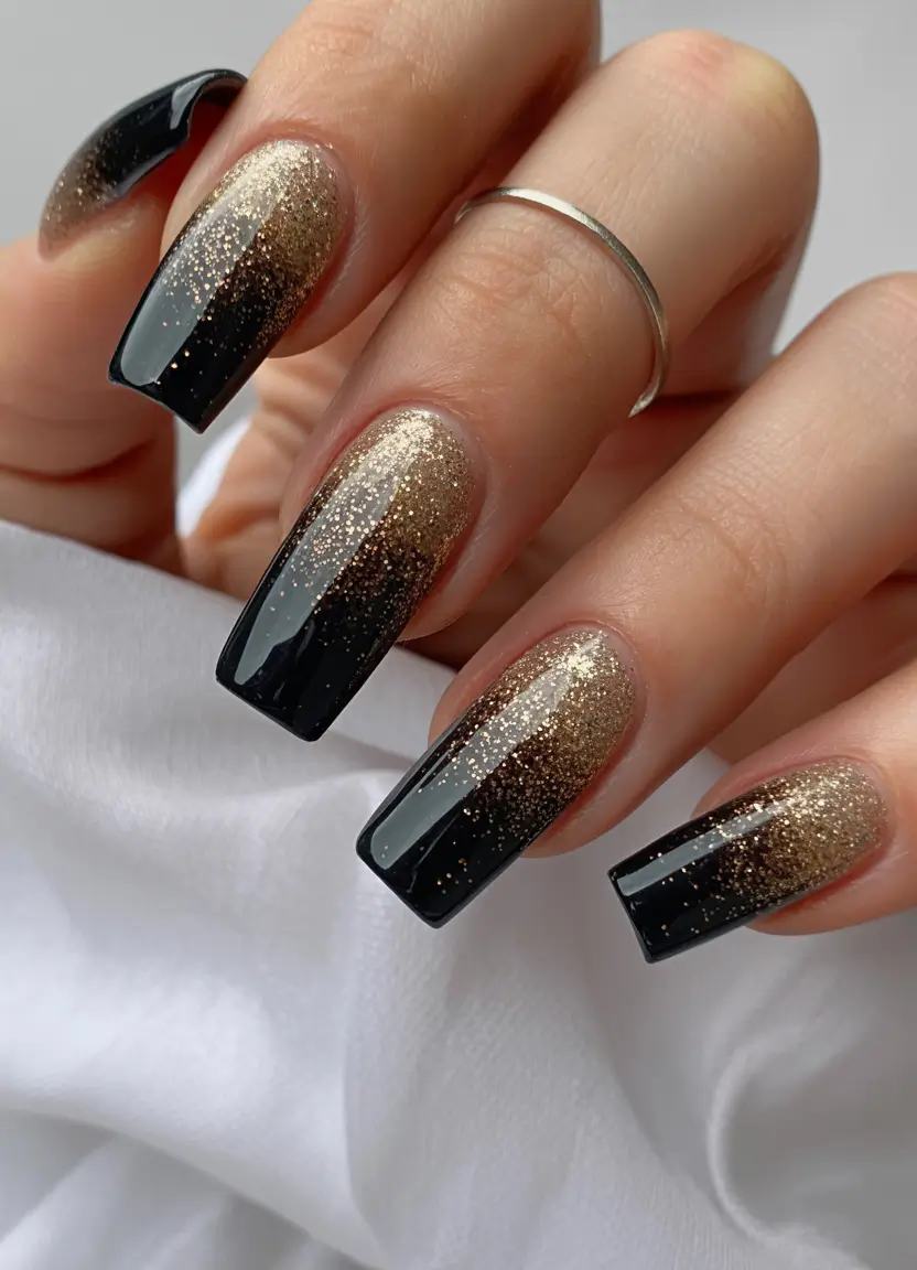 nail colors winter 2026 Black and Gold Winter Ombre Glam