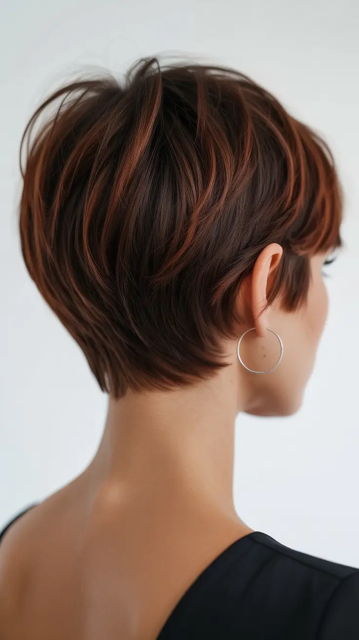 pixie hairstyles 2026 Rich Brunette Pixie With Dimensional Back Layers