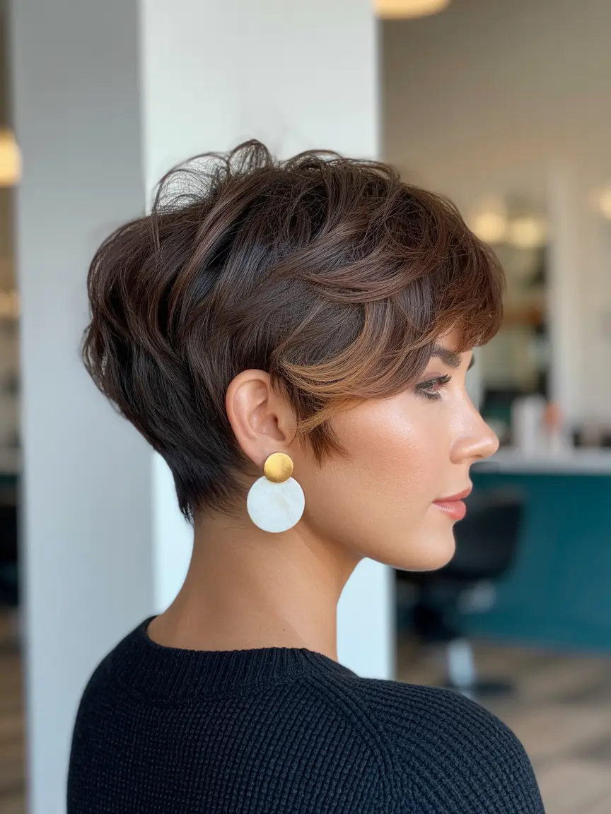 pixie hairstyles 2026 Dimensional Brunette Pixie With Face Framing Sweep