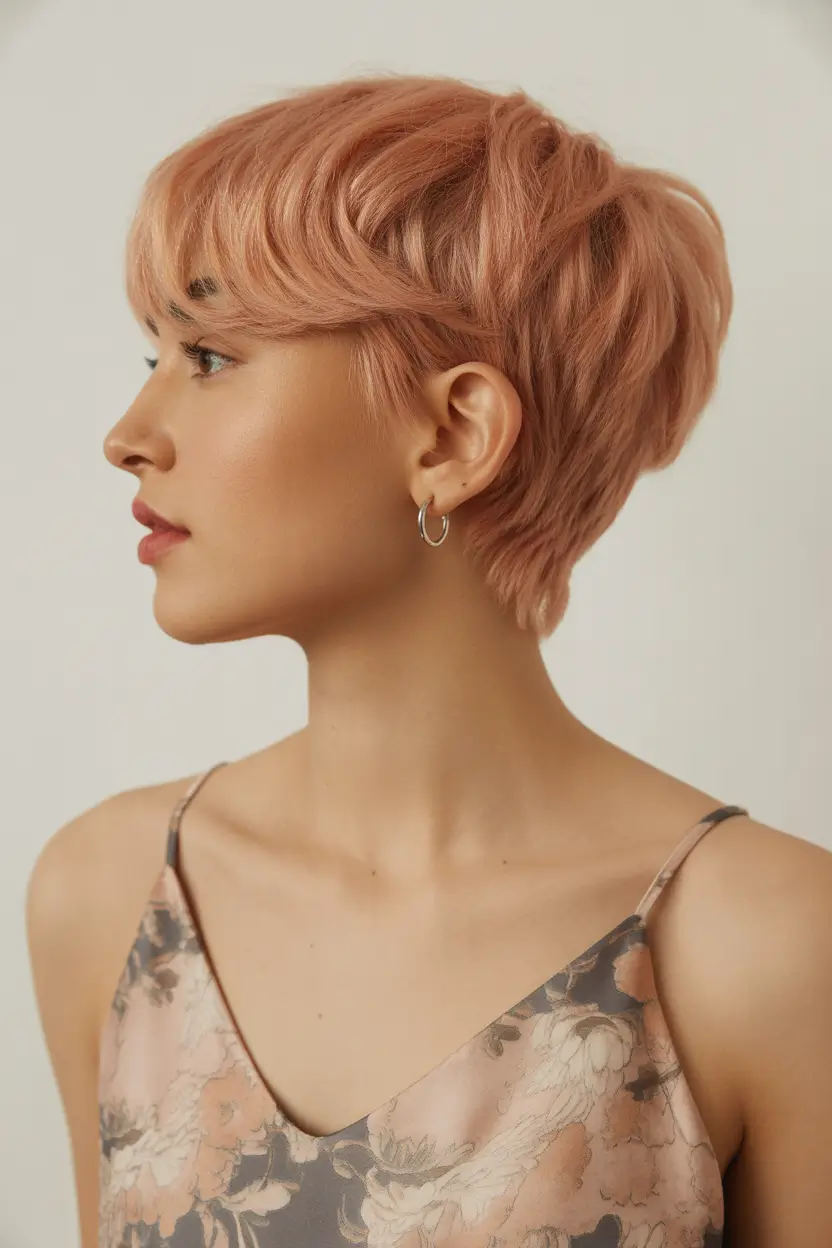 pixie hairstyles 2026 Peach Blush Pixie With Soft Feminine Layers