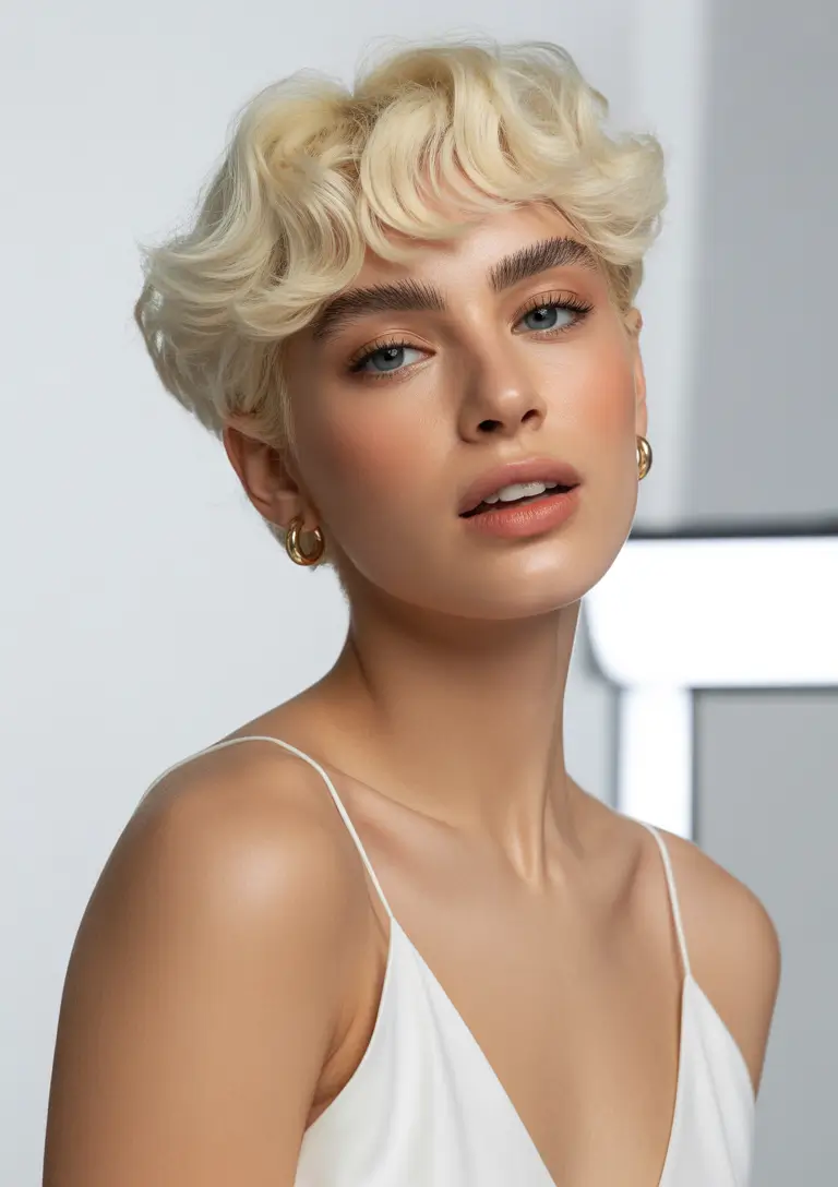 pixie hairstyles 2026 Curled Platinum Pixie With Sculpted Baby Bangs