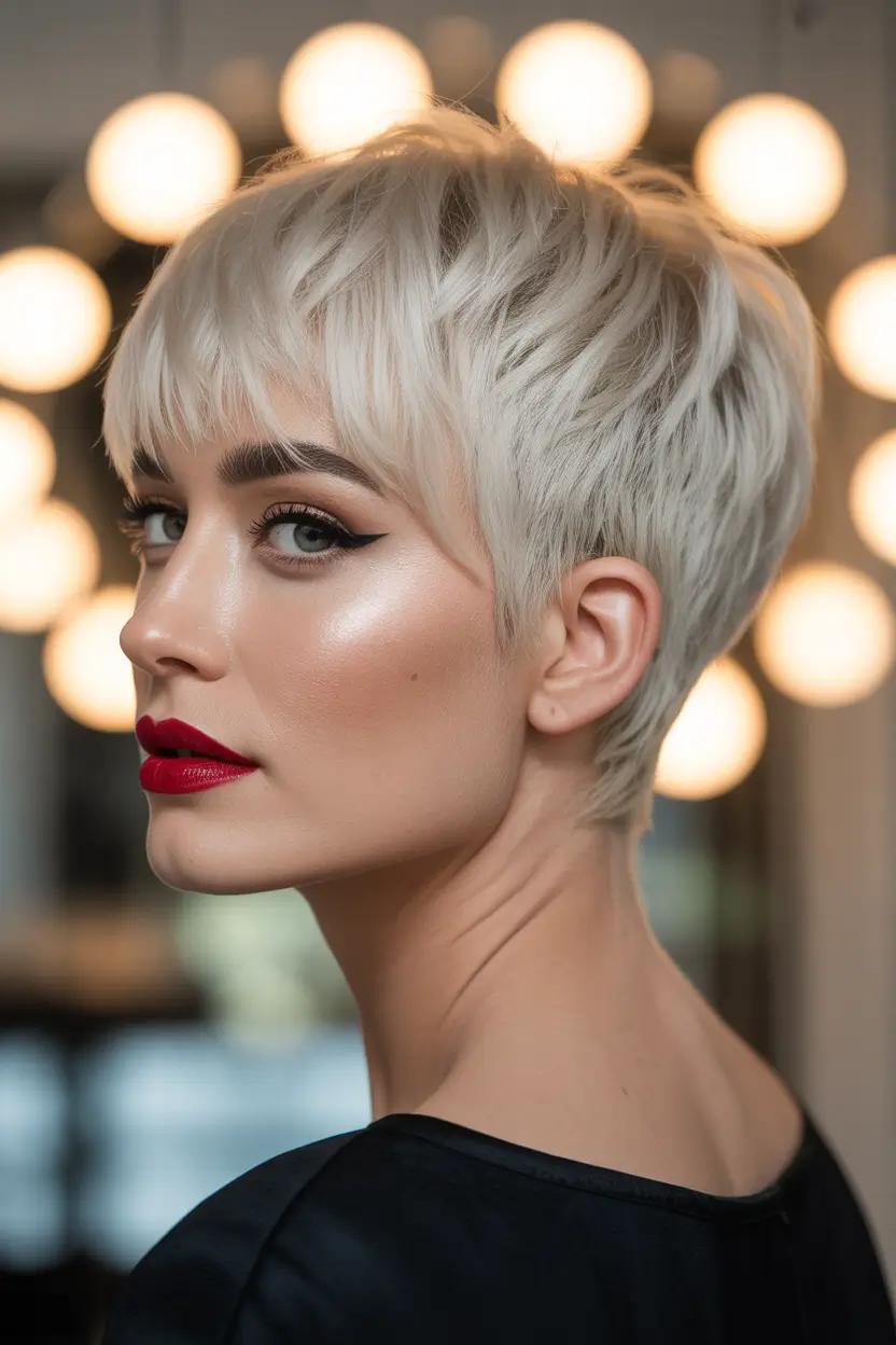 pixie hairstyles 2026 White Blonde Textured Pixie With Soft Edgy Fringe