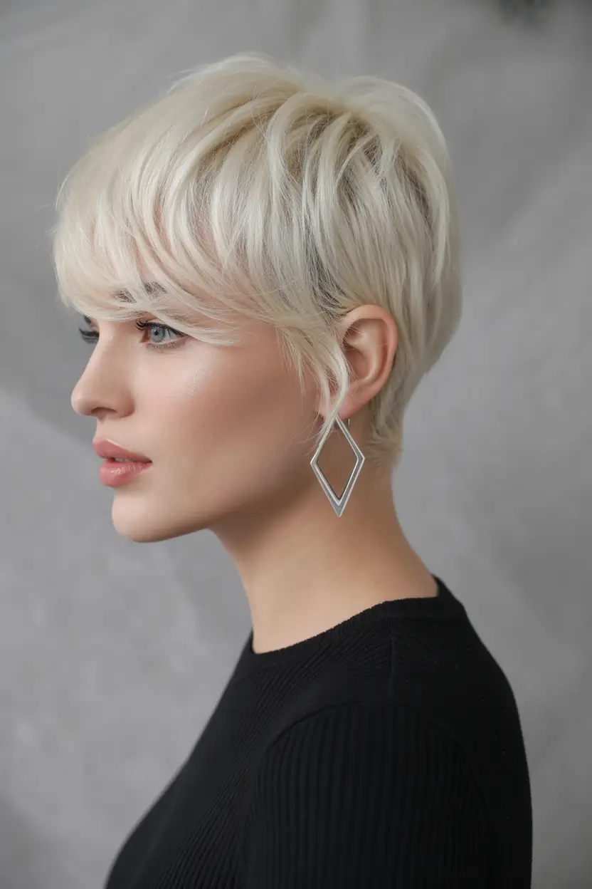 pixie hairstyles 2026 Platinum Pixie With Feathered Fringe Movement