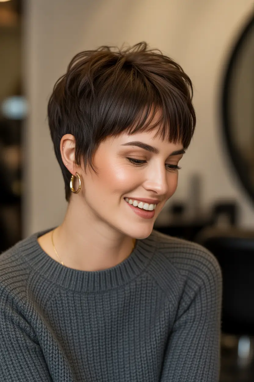 pixie hairstyles 2026 Airy Layered Pixie With Light Fringe