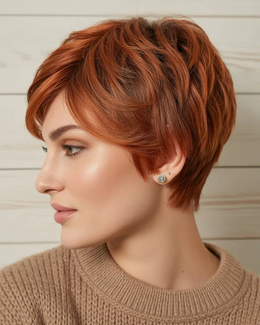 pixie hairstyles 2026 Warm Copper Pixie With Soft Layered Movement