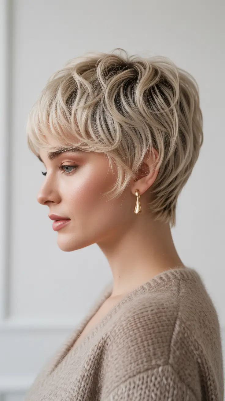 pixie hairstyles 2026 Soft Wavy Blonde Pixie With Sculpted Crown
