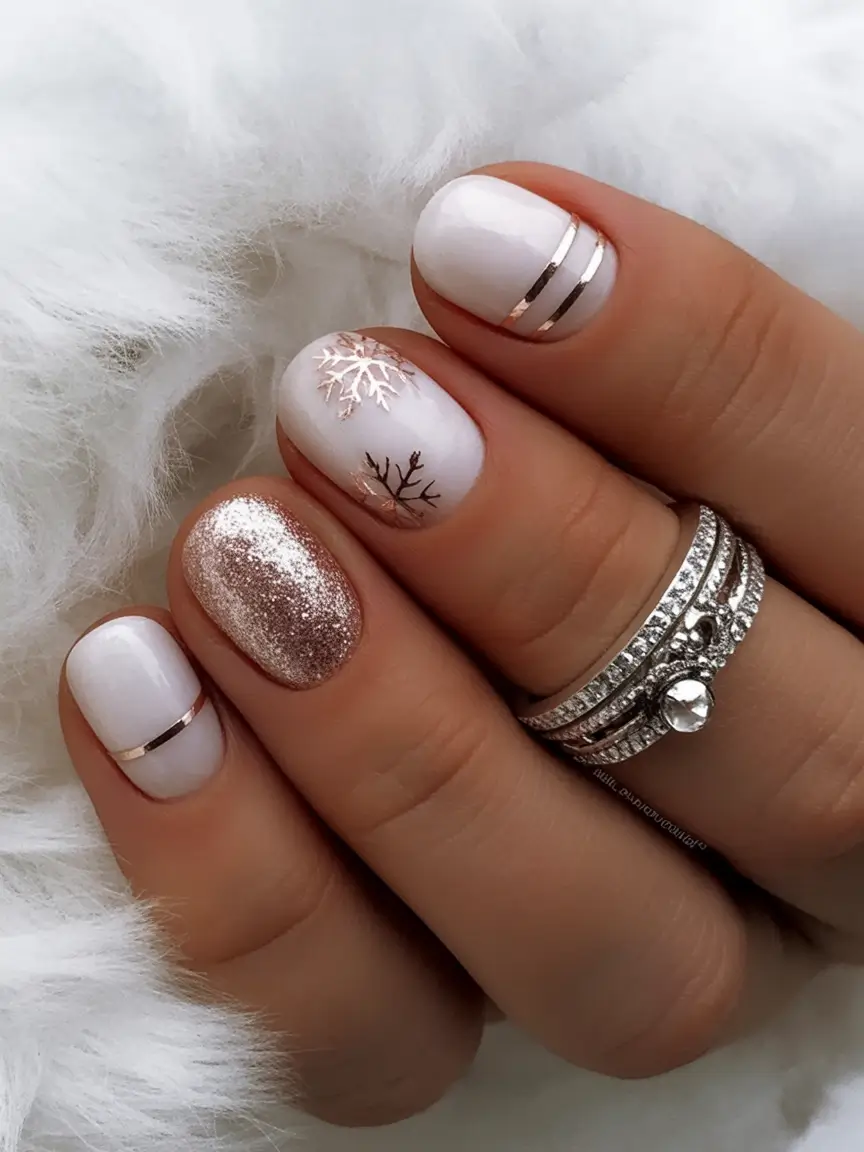 short nails 2026 Soft White Winter Minimalism With Metallic Accents