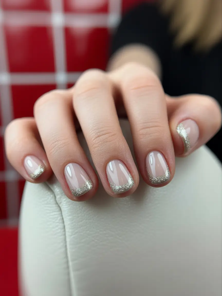 short nails 2026 Sheer Nude With Glittered French Edges
