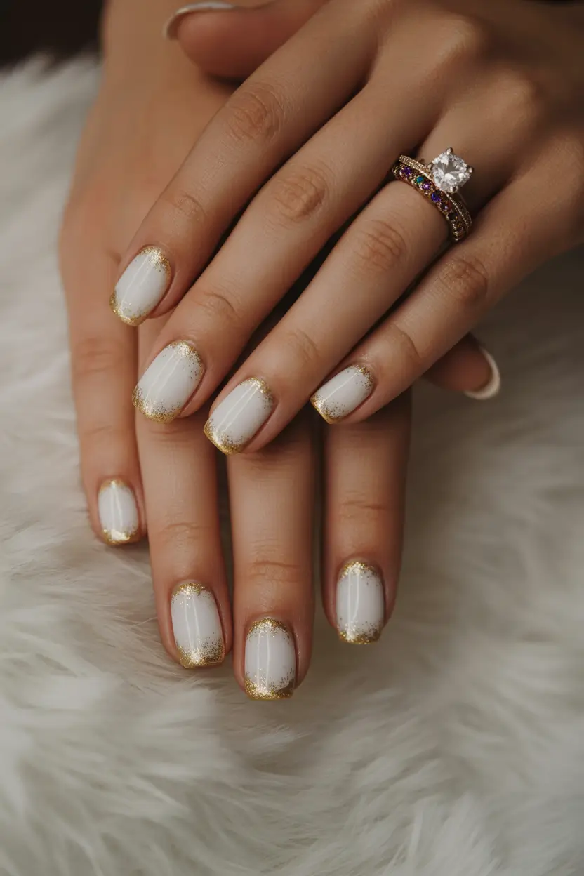 short nails 2026 Milky White With Soft Gold Glitter Edges