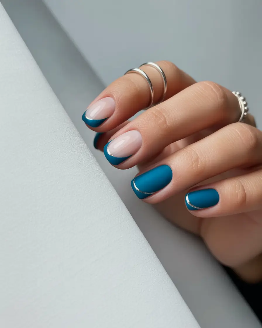 short nails 2026 Teal French With Modern Metallic Edges