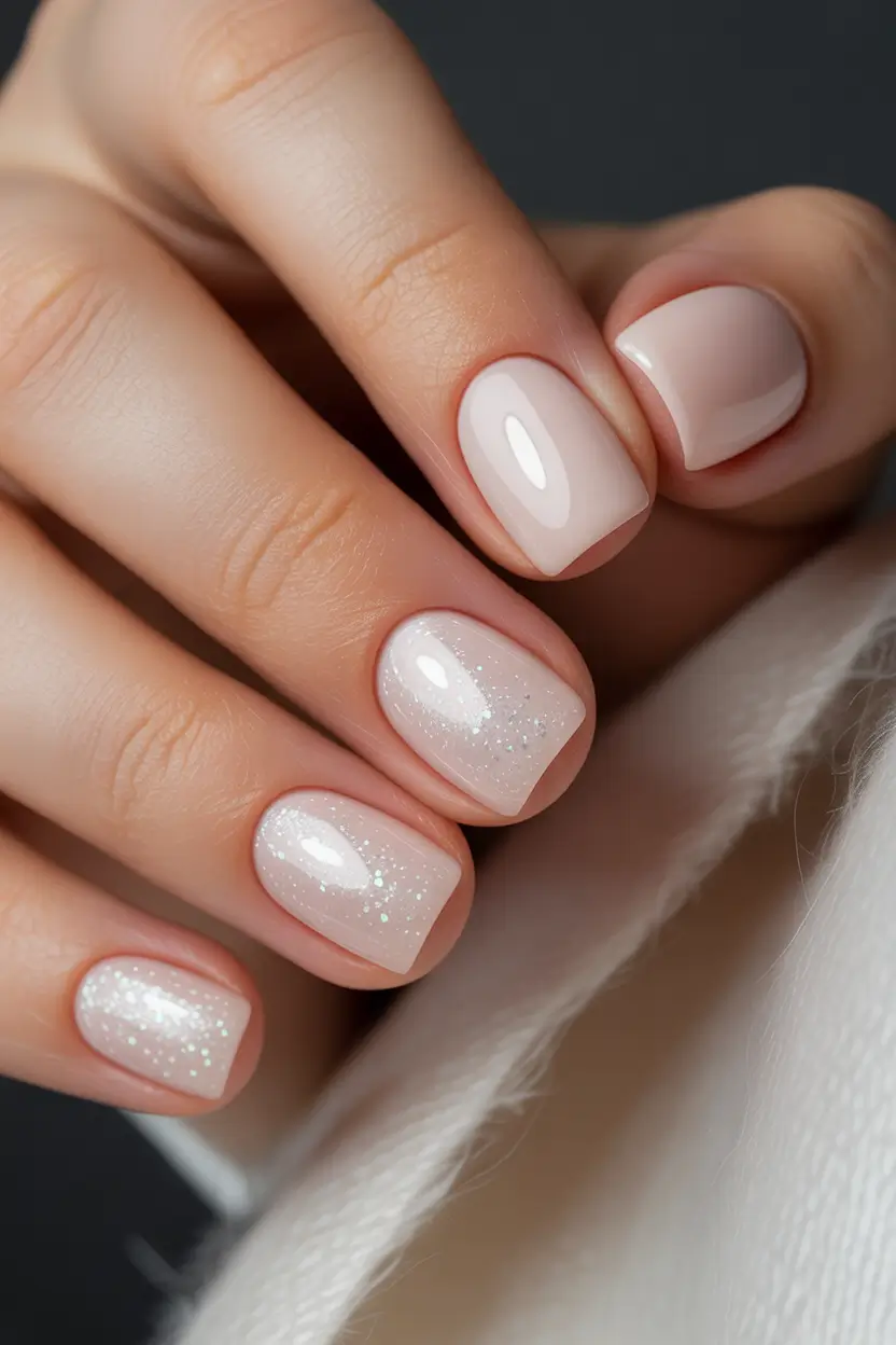 short nails 2026 Milky Nude With Soft Sparkle Texture