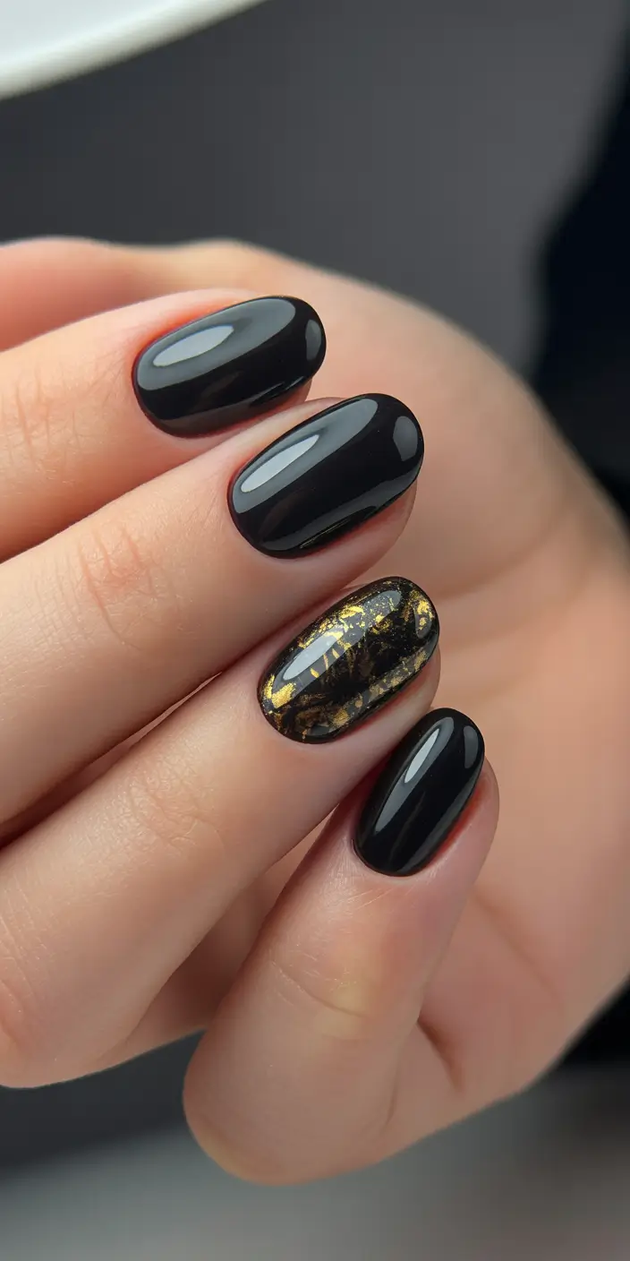 short nails 2026 Glossy Black With Gold Foil Accent
