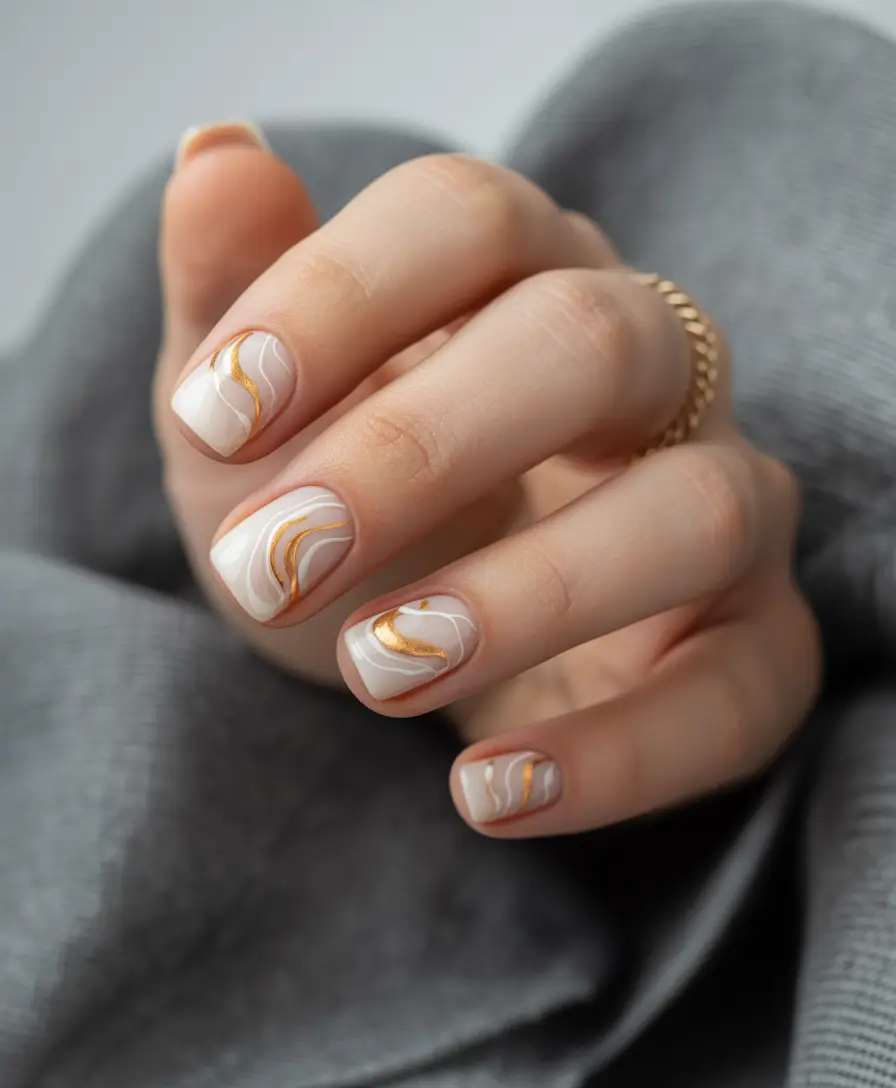 short nails 2026 Soft White With Flowing Gold Lines