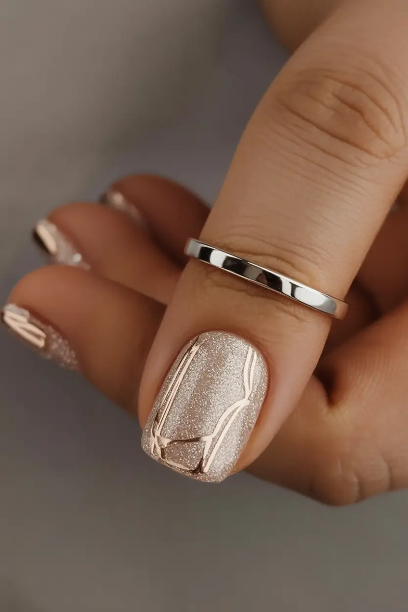 short nails 2026 Champagne Shimmer With Delicate Line Art