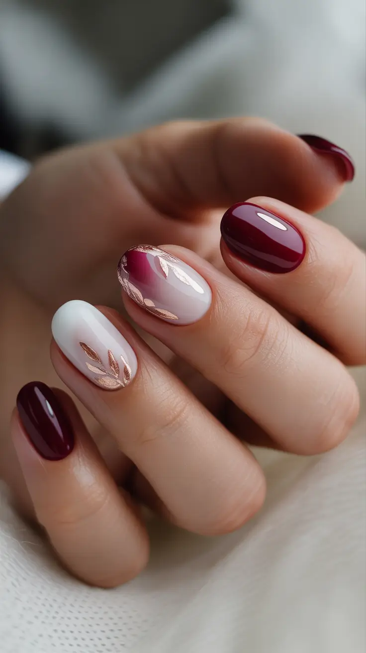 short nails 2026 Deep Red Gloss With Botanical Gold Details