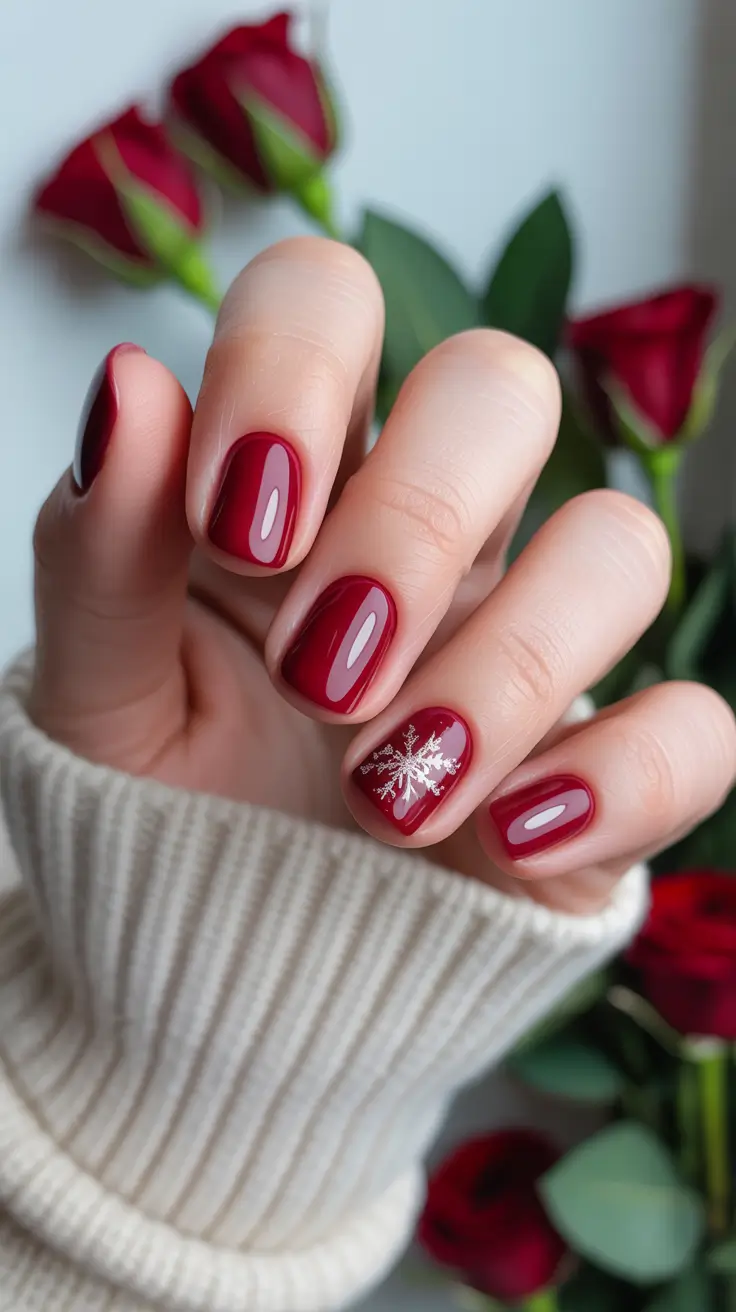 short nails 2026 Classic Red With Snowflake Accent