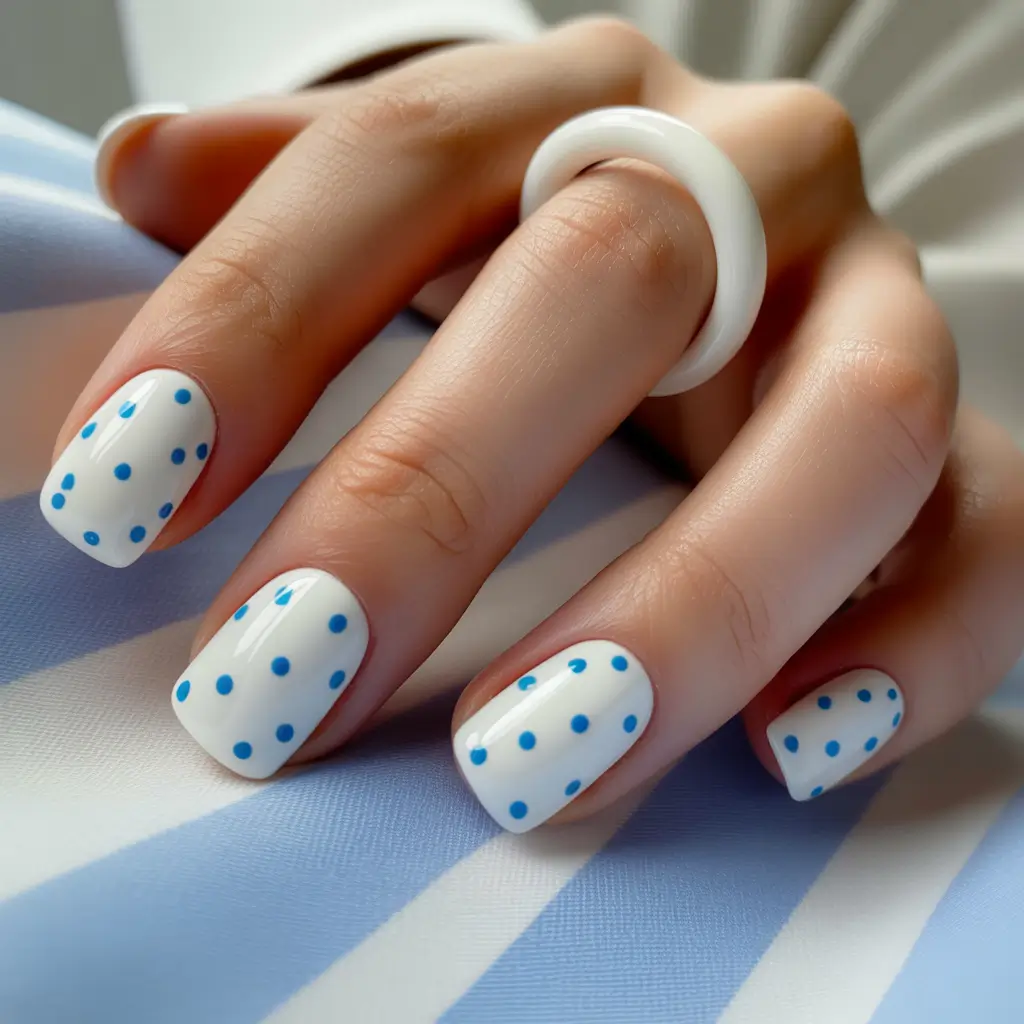 short nails 2026 White Polka Dots With Blue Accents