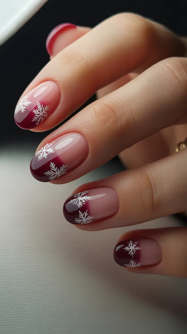 short nails 2026 Burgundy French With Snowflake Details