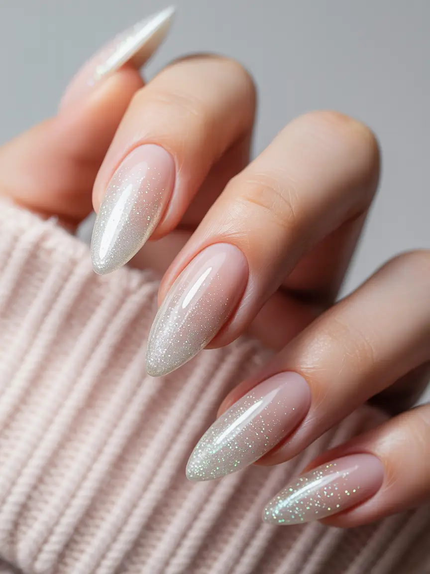 pearly white nails 2026 Frosted Sparkle Fade on Almond Tips