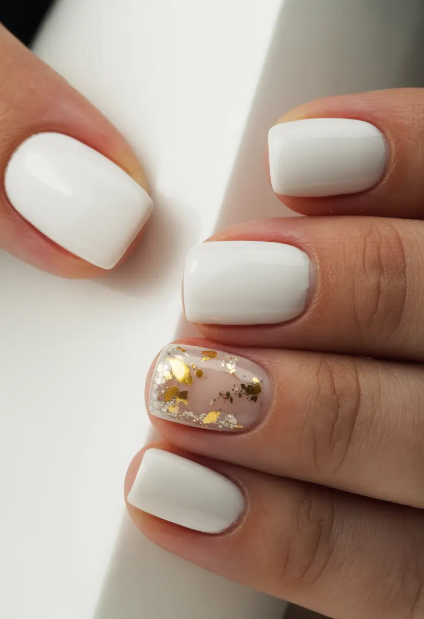 pearly white nails 2026 Classic Snow White with Gold Flecks Accent