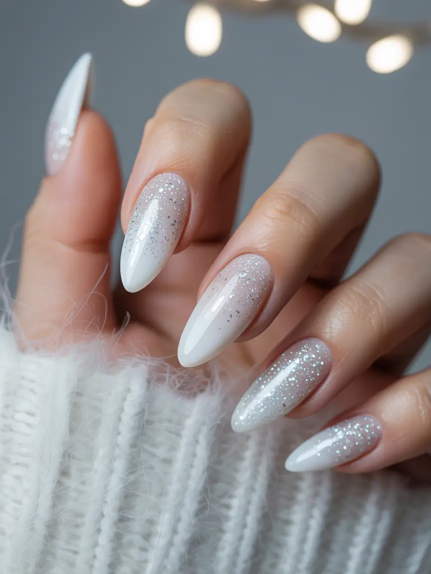 pearly white nails 2026 Icy White Almond with Sparkling Gradient