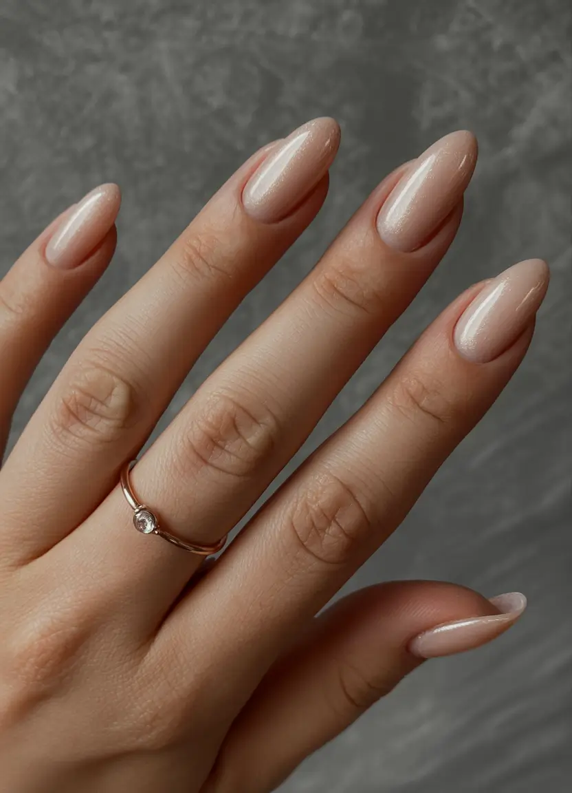pearly white nails 2026 Champagne Pearl Sheer on Almond Shapes