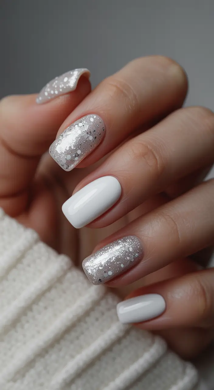 pearly white nails 2026 Silver Snowfall Sparkle with White Accents