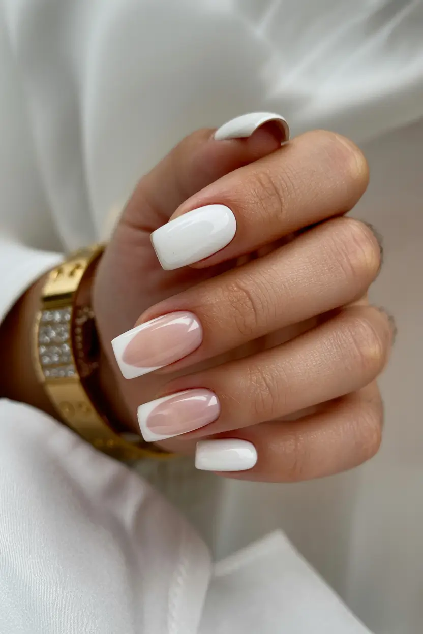 pearly white nails 2026 Chic White Framed Neutral Square