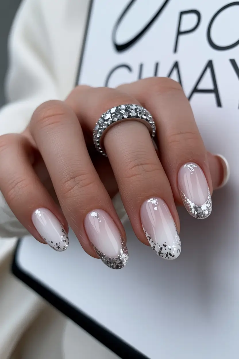pearly white nails 2026 Glitter-Dipped French for a Sparkling Winter Mood