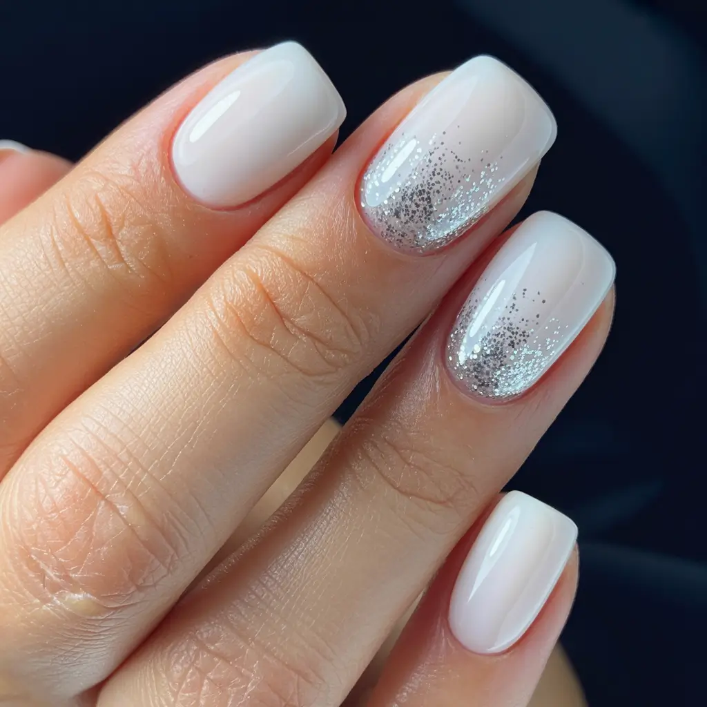 pearly white nails 2026 Soft Milky Glow with Scattered Silver Sparkle