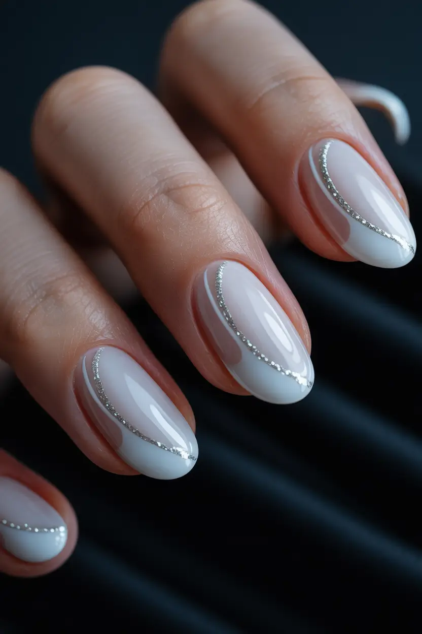 pearly white nails 2026 Silver Ribbon Waves on Glossy Almond