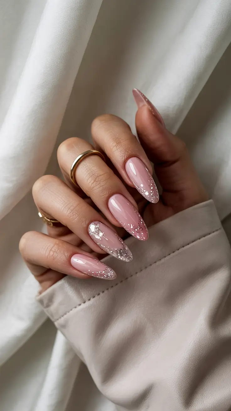 pink nails inspiration 2026 Milky Pink Glam with Winter Shimmer