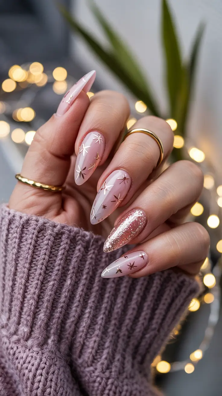 pink nails inspiration 2026 Starry Blush Pink Sparkle for Cozy Winter Evenings