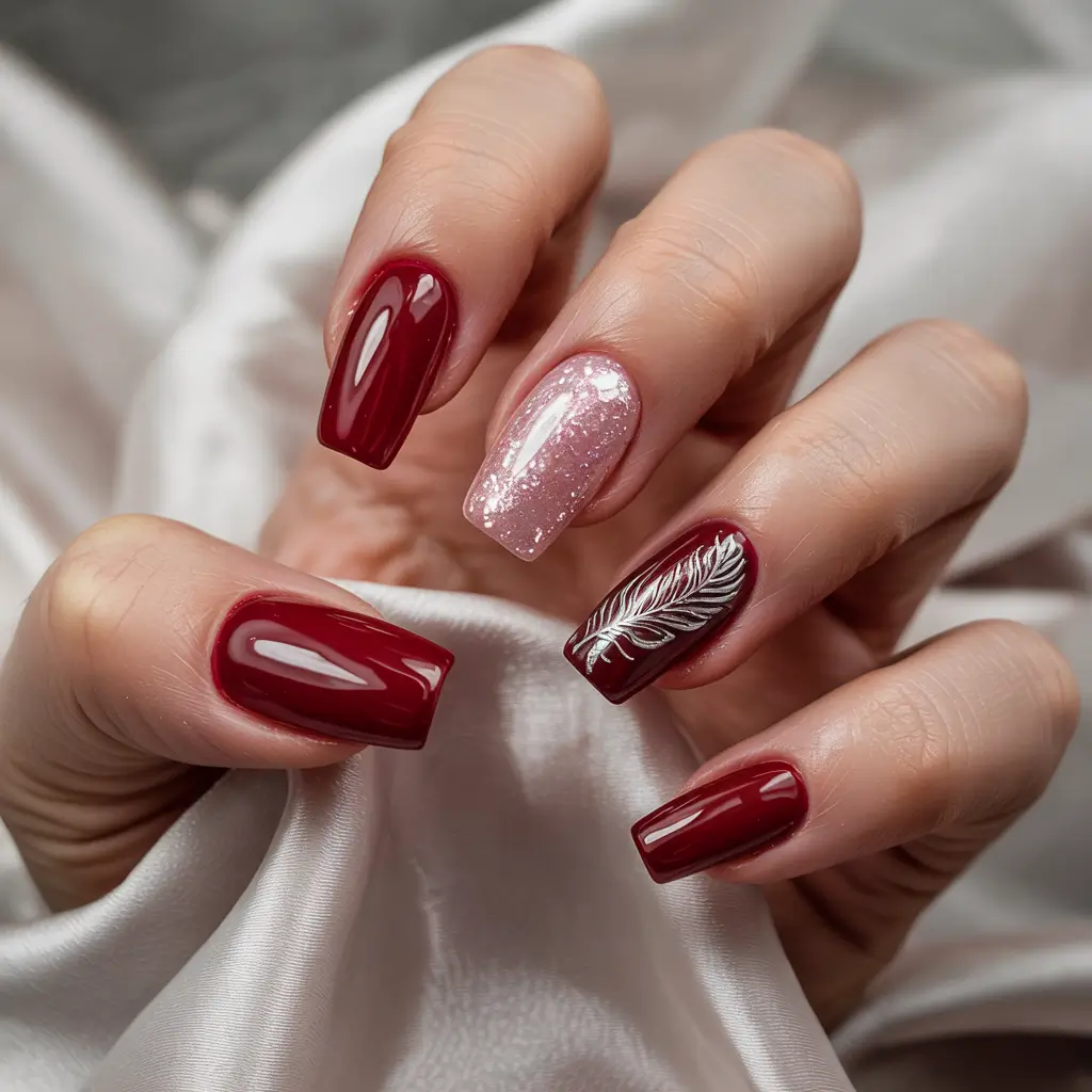 pink nails inspiration 2026 Red and Pink Contrast with Feather Art Accent