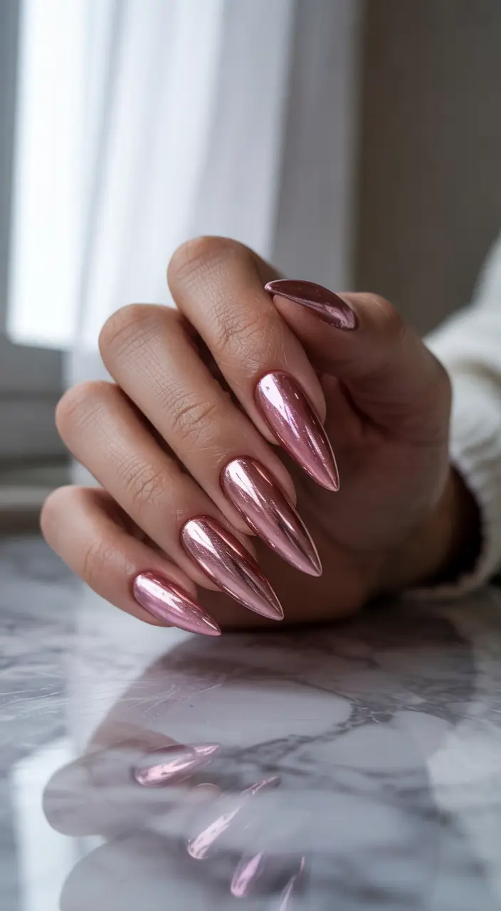 pink nails inspiration 2026 Mirror Chrome Rose Pink Shine for a Bold Metallic Look