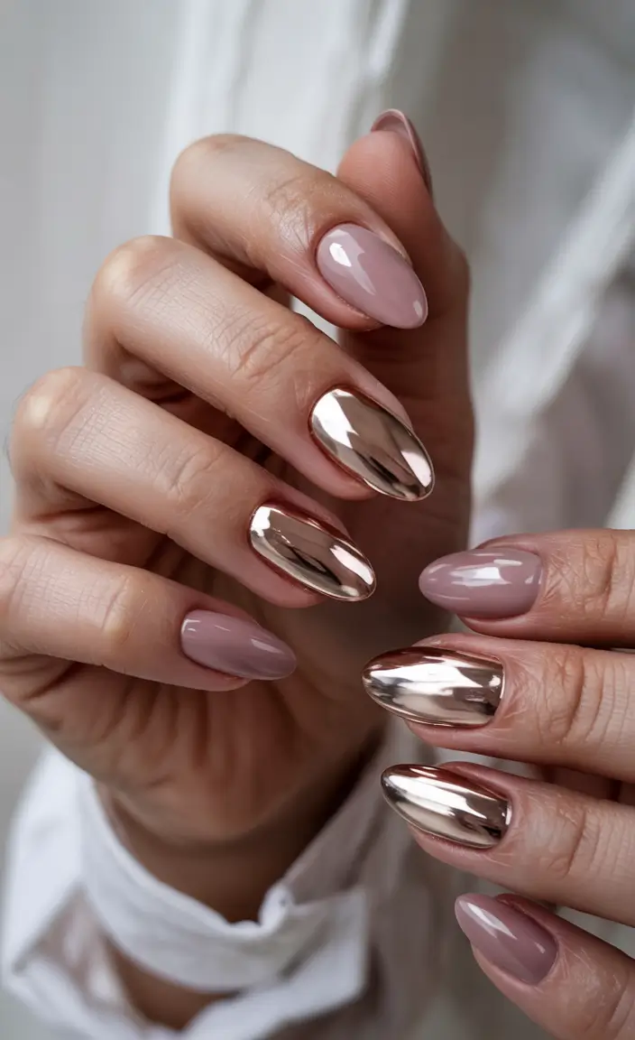 pink nails inspiration 2026 Soft Nude and Chrome Mix for Modern Chic