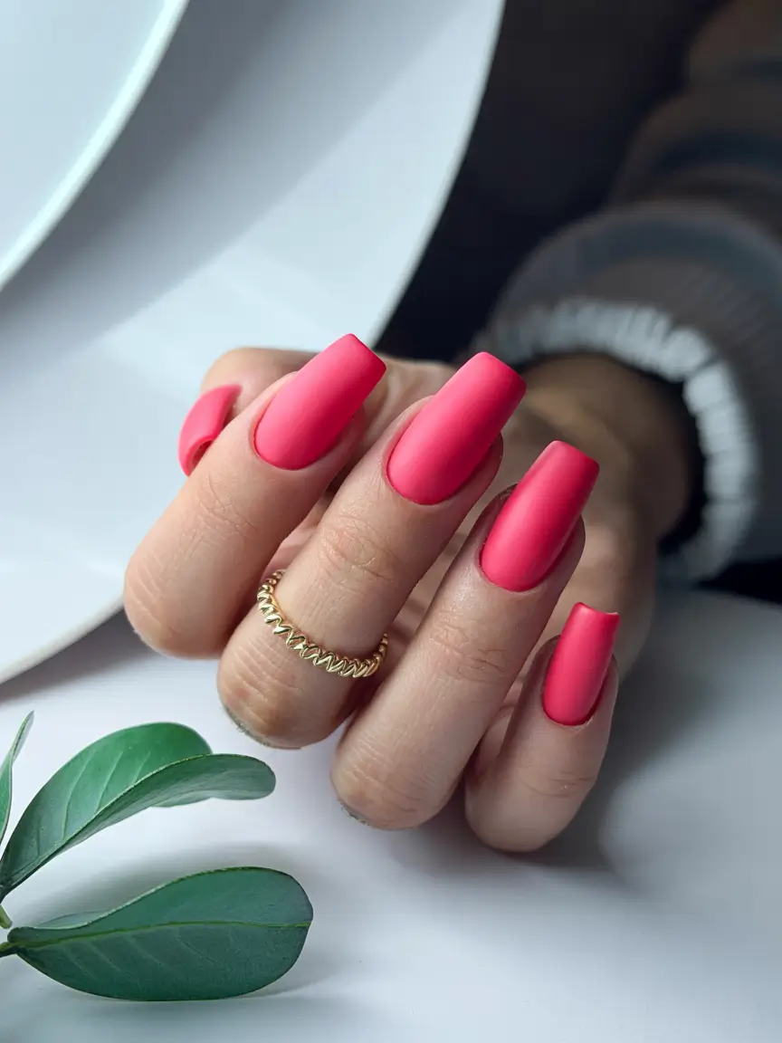 pink nails inspiration 2026 Matte Coral Pink Square Nails with Soft Modern Appeal